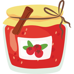 Glass Jar Filled With Red Berry Jam Tied With Twine and Cinnamon Stick On Top With Label Featuring Berries And Leaves