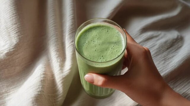 A hand holding a glass of green smoothie with a foamy top on a light bedspread.