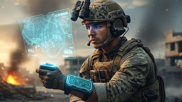 Future soldier utilizing augmented reality interface in desolate war zone landscape