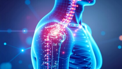 A detailed illustration of the human shoulder, highlighting the complex anatomy. The image focuses on the shoulder joint and the surrounding skeletal structure