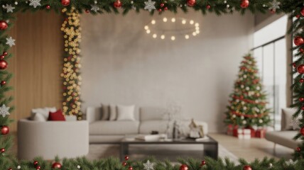 Cinematic Christmas Home Interior with Foreground Blur, Lit Trees, and Indoor Snow