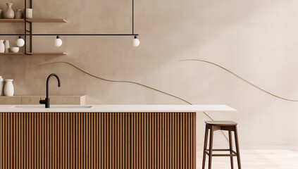 Modern kitchen interior design with wooden accents and minimalist decor