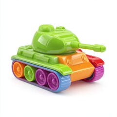 Fototapeta premium A colorful plastic toy tank with vibrant green, orange, purple, and blue sections, isolated on a white background.