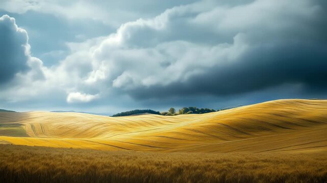 Moving clouds over rolling hills covered with golden wheat fields.