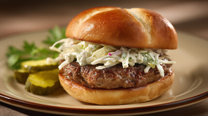 Classic beef burger sandwich with sauce and pickle slices