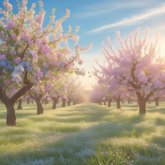 Fototapeta premium Sunlit Cherry Blossom Orchard with Soft Focus Green Grass and Flowers spring blooming