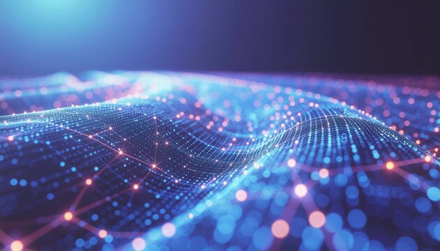 Abstract digital wave, data visualization. The image features a network of interconnected points and lines, creating a sense of a digital wave with soft lights.