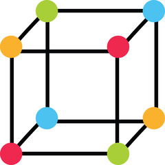 Geometric Cube with Colored Dots on Transparent Background and Black Lines Representing Dimensionality