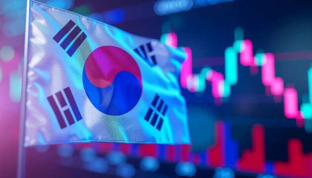 A South Korean flag flying with stock market indicators in the background. Illustrating finance and global trade - Powered by Adobe