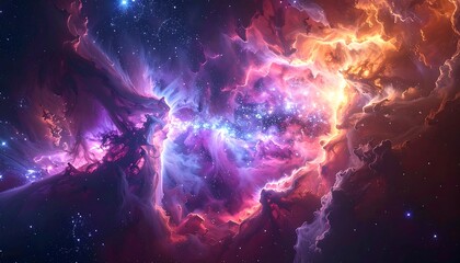 A colorful nebulous expanse with hues of violet, orange, and white, peppered with stars