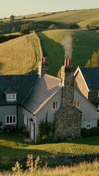 Vertical video: At start camera panning over cottage in valley, revealing garden shed and hills