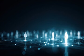 Abstract digital network of people.  Silhouette figures connected by glowing lines on dark background