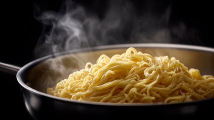 Hot noodles boiling in pan with steam rising