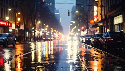 Fototapeta premium Dark, streetlights, wet, asphalt, rain, reflections, neon, blur, urban, night, moody, mysterious, glowing, puddles, shimmering, colors, city, empty, deserted, quiet, atmospheric, lights, mysterious, w