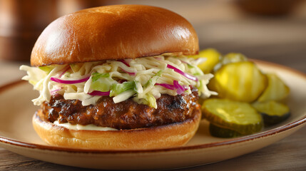 Tasty cheeseburger with meat patty and coleslaw topping