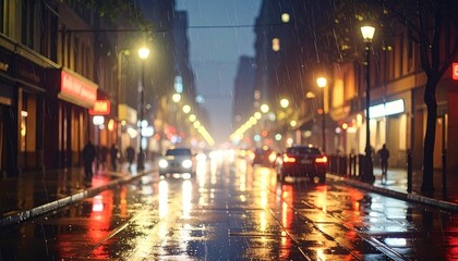 Fototapeta premium Dark, streetlights, wet, asphalt, rain, reflections, neon, blur, urban, night, moody, mysterious, glowing, puddles, shimmering, colors, city, empty, deserted, quiet, atmospheric, lights, mysterious, w