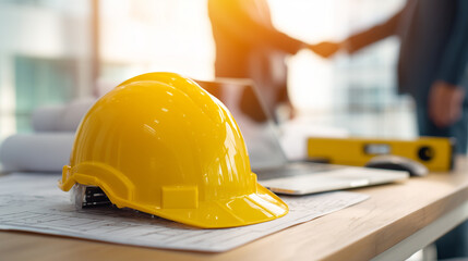 Yellow safety helmet on desk construction planning concept