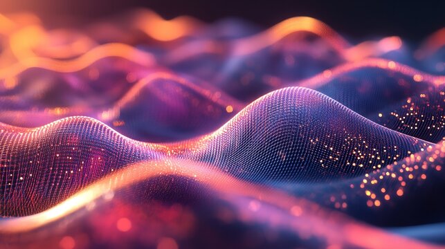 Abstract digital landscape with glowing particles and waves, creating a futuristic and dynamic background
