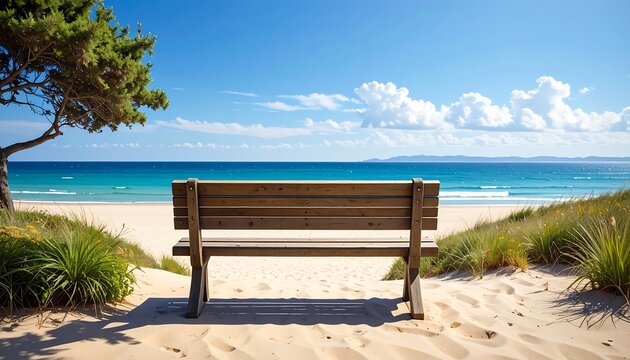 A lone bench faces an ocean view, nestled amongst sand dunes, under bright blue skies with scattered clouds