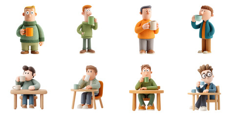 Fototapeta premium Claymation man drinking png isolated set in 3d transparent using for presentation.
