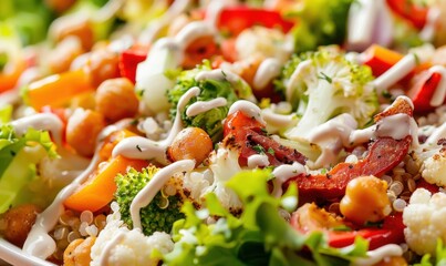Healthy salad with grain vegetables and creamy dressing close up view