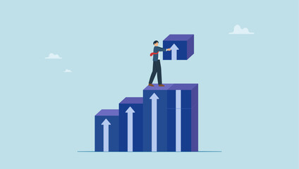 Businessman carry box with arrow to stack as stair to success. Business growth, career improvement or investment earning profit, personal development, growing business or leadership effort.
