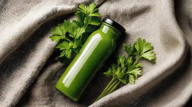 Green juice bottle with fresh parsley sprigs on a gray fabric background.