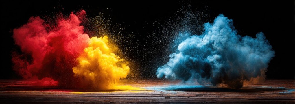 Colorful powder clouds explode on a dark wooden surface