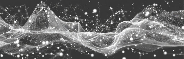 Abstract grayscale image of flowing, textured forms.  A network of light-gray lines and points creates undulating, wave-like patterns on a dark background.  The forms appear soft and ethereal