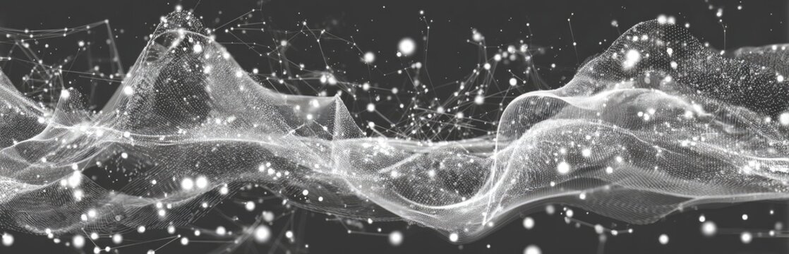 Abstract grayscale image of flowing, textured forms.  A network of light-gray lines and points creates undulating, wave-like patterns on a dark background.  The forms appear soft and ethereal