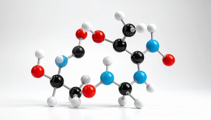 3D molecular model with colored spheres—red, black, white, and orange—connected by rods to represent atoms and bonds, illustrating complex organic or biochemical structure against a clean background.