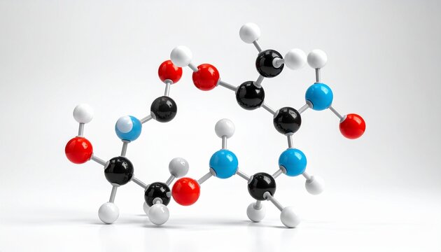 3D molecular model with colored spheres—red, black, white, and orange—connected by rods to represent atoms and bonds, illustrating complex organic or biochemical structure against a clean background.