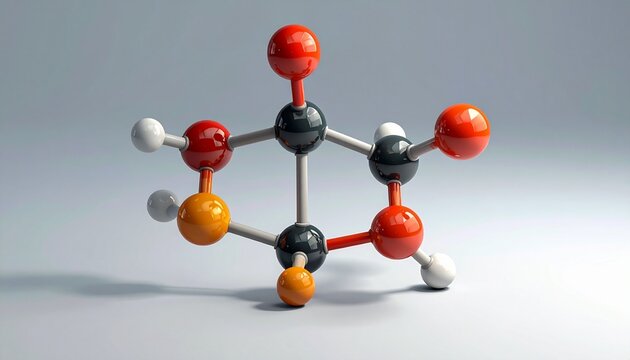 3D molecular model with colored spheres—red, black, white, and orange—connected by rods to represent atoms and bonds, illustrating complex organic or biochemical structure against a clean background.