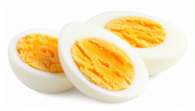Three halves of hard-boiled eggs with bright yellow crumbly yolks and firm white egg whites, arranged on a white surface to highlight texture and nutritional simplicity. - Powered by Adobe