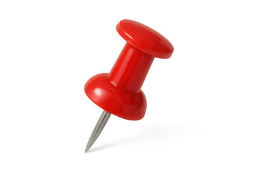 Red plastic pushpin with a metal needle, a common office supply for pinning notices and papers, on transparent background