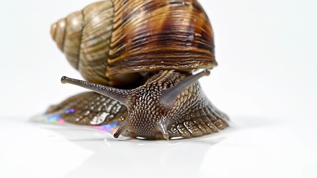 A snail with a shiny shell sits atop a pristine white surface, perfectly capturing the concept of patience, perseverance, and careful progress in navigating lifes twists and turns.