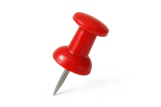 Red plastic pushpin with a metal needle, a common office supply for pinning notices and papers, on transparent background