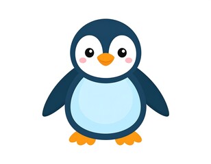Obraz premium A cartoon-style illustration of a small, friendly penguin. It has a blue and white body, an orange beak and feet, and big, expressive eyes