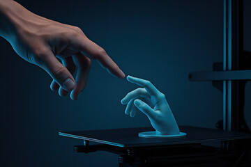 Human Hand Touching 3D Printed Hand - Futuristic Creation Concept
