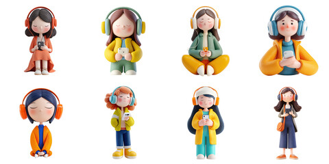 Cute character with headphone and music player die cut no bg png for freetime decoration purpose.