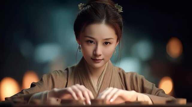 A beautiful moment of a Tang Dynasty lady playing the zither