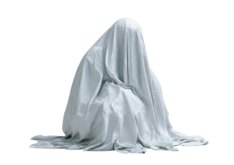 Sheet-covered figure, hunched and seated