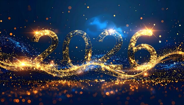 '2026' shimmers in golden light against a blurred navy backdrop, with flowing ribbons and sparkling bokeh accents