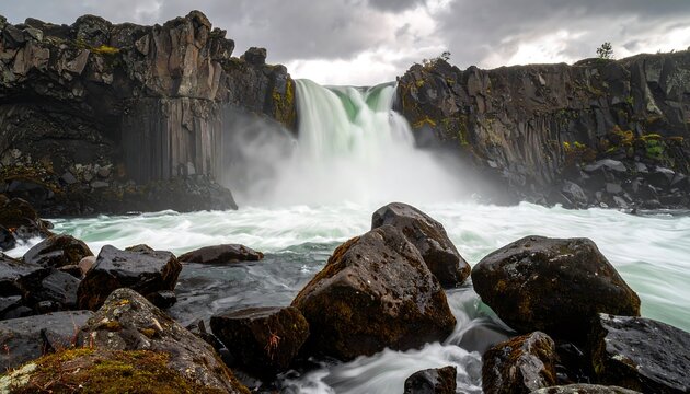 A cascading waterfall rushes over basalt columns and rocks, under a dramatic cloudy sky, creating a powerful, natural scenic view