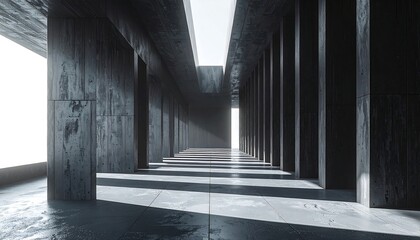 A long concrete corridor with light flooding in, creating shadows and a sense of depth and enclosure