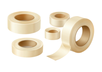 Beige tape rolls, varying sizes, one unwinding