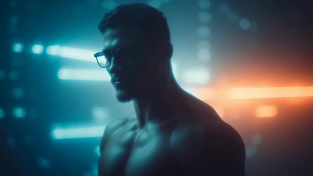 Muscular man with glasses poses confidently in side profile against blue and orange lighting. Studio background creates an intense mood, highlighting fitness and strength - Powered by Adobe