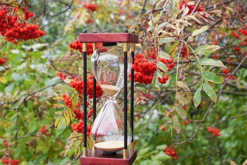 An hourglass against a backdrop of rowan berries and yellow leaves. The hourglass symbolizes time, balance, cyclicality, and transience.