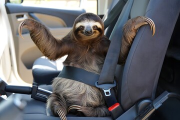 Sloth buckled up in a car seat looking at the camera with a happy expression