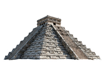 Ancient, weathered stone pyramid with steep steps, against black